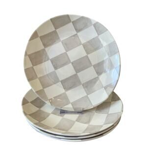 Checkered Melamine Dinner Plates 11in Set of 4 Taupe & White Indoor Outdoor NEW